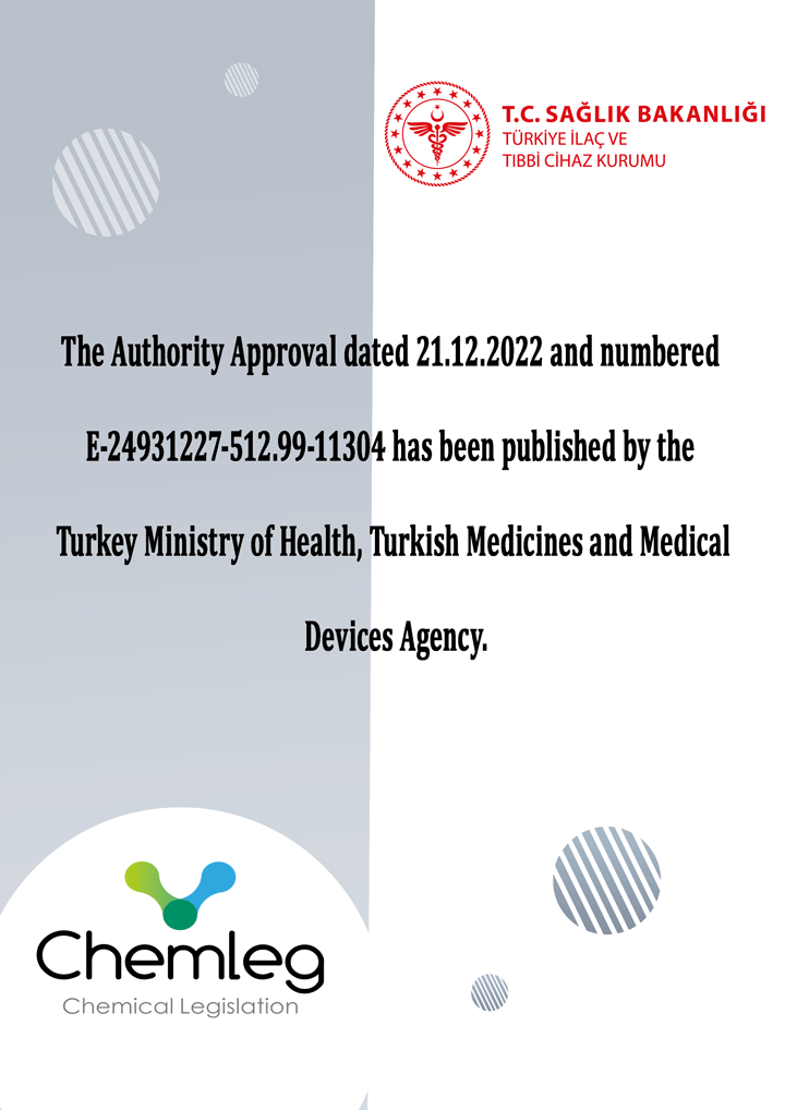 Die Genehmigung der Behörde vom 21.12.2022 mit der Nummer E-24931227-512.99-11304 wurde vom türkischen Gesundheitsministerium, der türkischen Arzneimittel- und Medizinprodukteagentur, veröffentlicht.